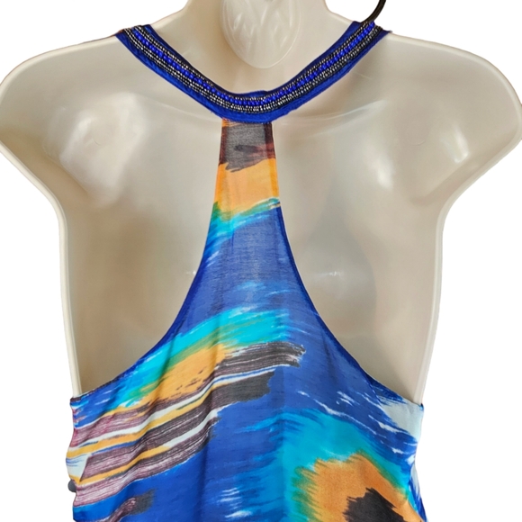 FREE PEOPLE Silk Beads Rhinestones Ruffles Blue & Orange Watercolor Halter Dress - Picture 13 of 16